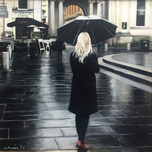 Black coat in the rain 50cm x 50cm