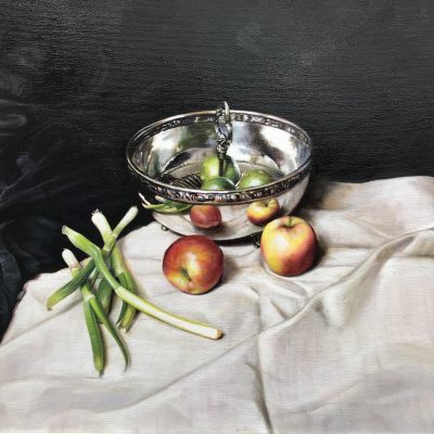 Still Life with Silver Bowl & Two Apples